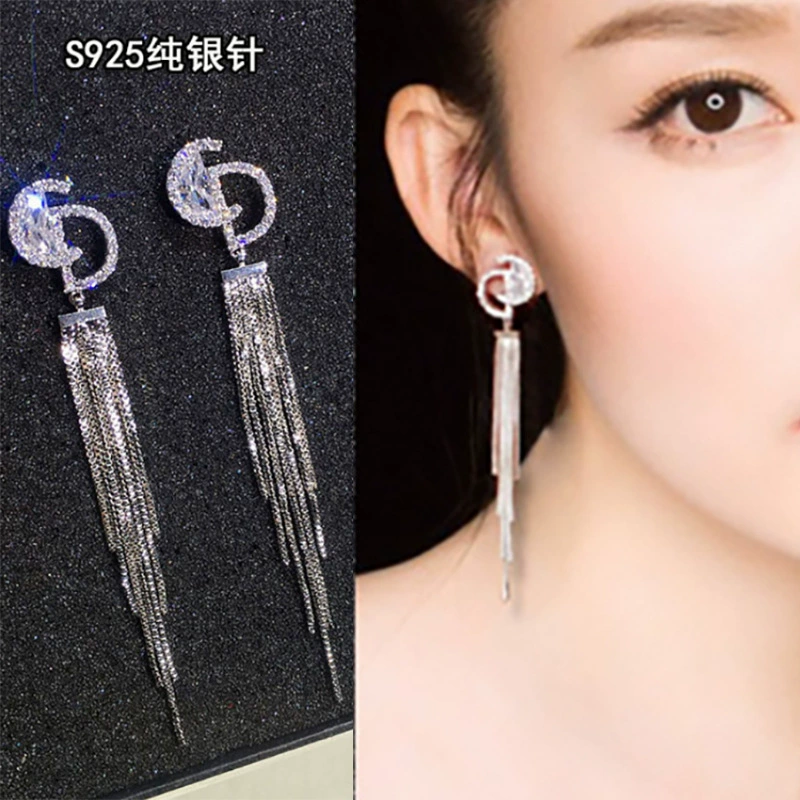 Серьги S925, кисточка с кристаллами циркония, короткие или длинные