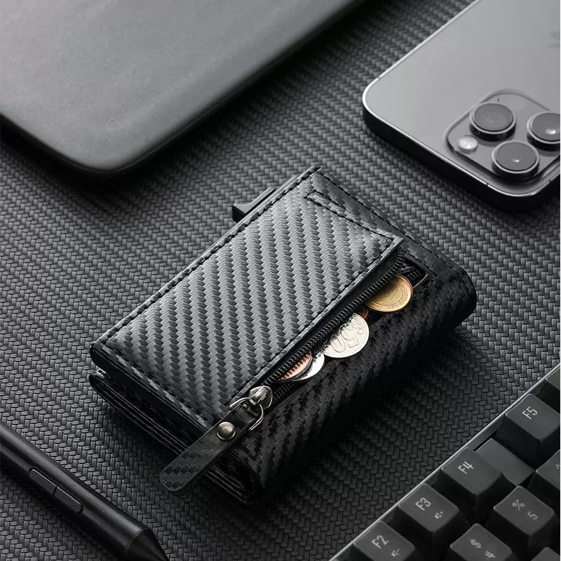 RFID苹果Airtag男士钱包碳纤维追踪器卡包三折磁扣皮夹零钱Wallet