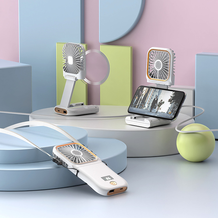 スポットハンドヘルド小型ファンデジタルディスプレイ折りたたみ屋外ポータブル USB パワーバンク携帯電話ホルダーミニ吊り首ファン|undefined