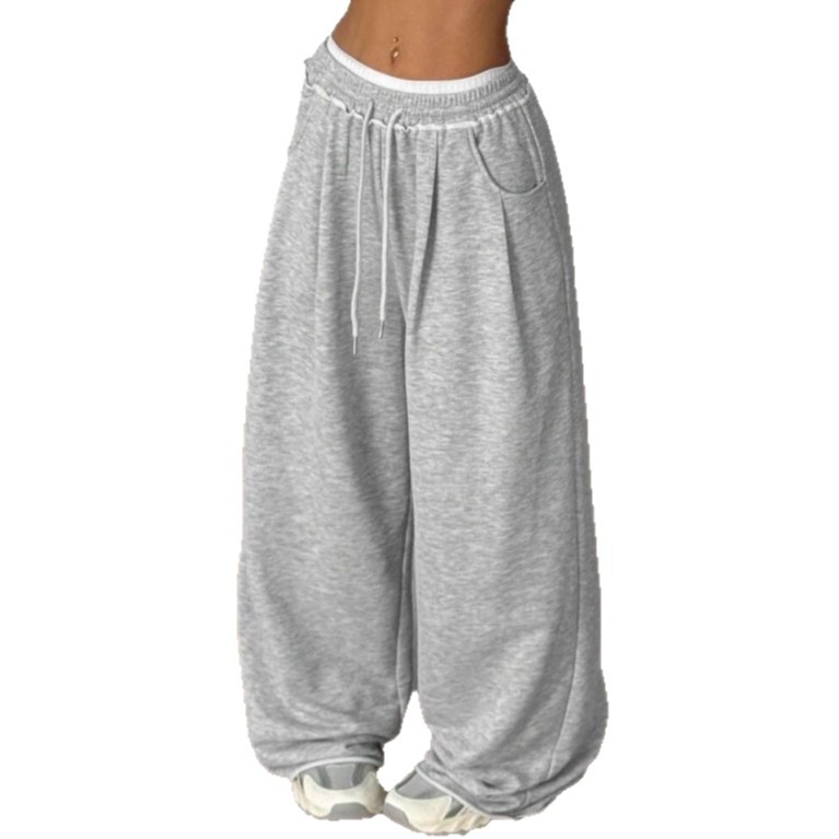 Cuerdas transfronterizas cintura elástica gris pantalones de pierna ancha para mujeres primavera y otoño cintura alta sensación vertical rectas sueltas pantalones casuales