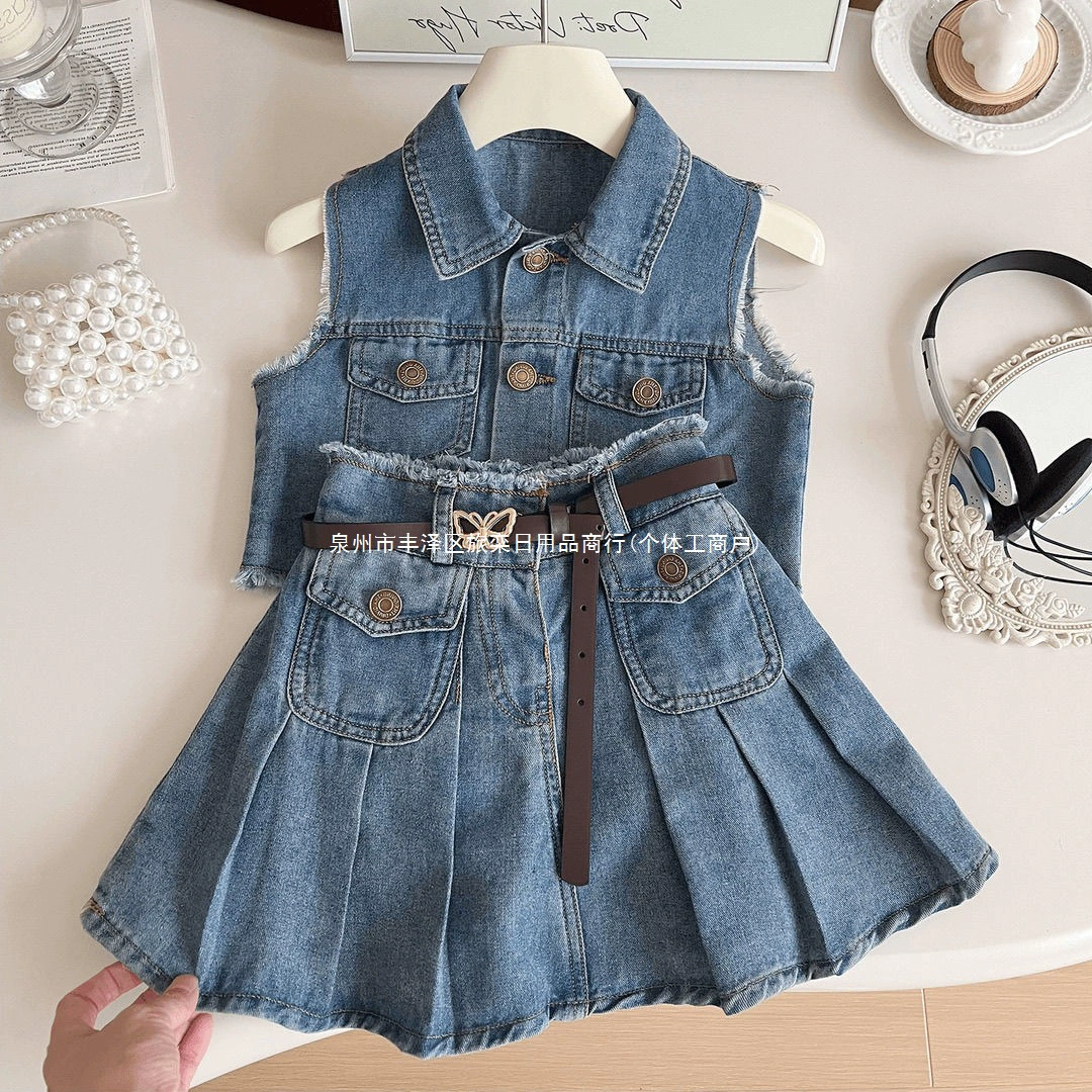 2025 новый летний корейский стиль модный повседневный джинсовый костюм без рукавов для девочек