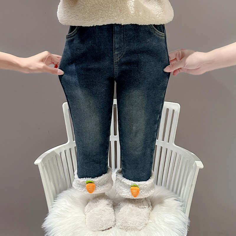 女童一体绒牛仔裤秋冬款2025新款冬季双熊女宝宝加绒加厚直筒裤子