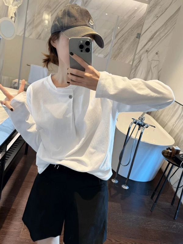 白色纯棉长袖t恤女士秋装新品欧货简约设计感显瘦遮肉打底衫6430|undefined
