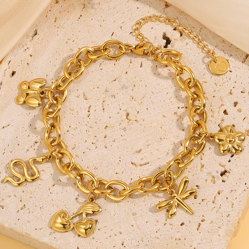 Moda nueva mariposa libélula arena pulsera de oro lujo ligera alta personalidad serpiente dorada cinco hojas flores joyas pulsera de acero titanio