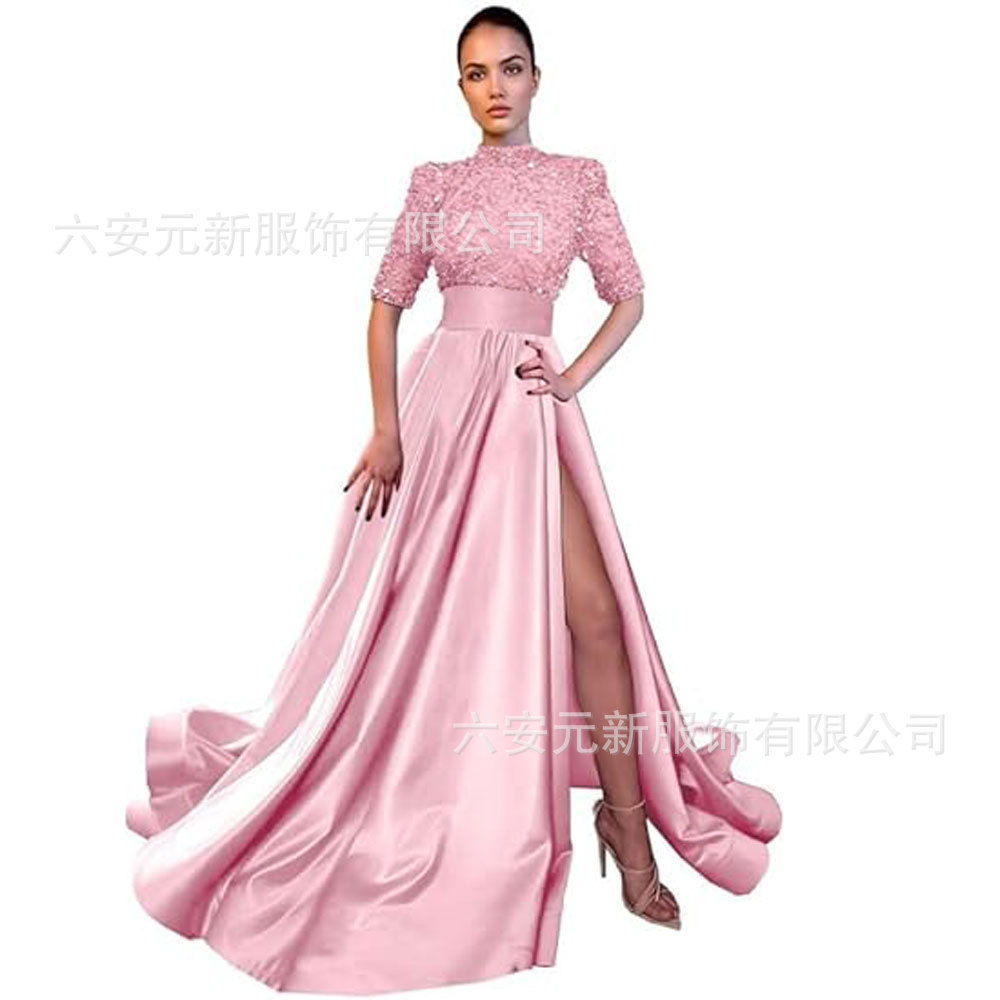 Europeo y americano Amazon AliExpress vestido de fiesta media manga lentejuelas satén vestido de noche A-line vestido de fiesta de hendidura image 12
