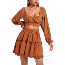 女式系带休闲套装秋冬季亚马逊欧美女装新款露脐露肩性感两件套女