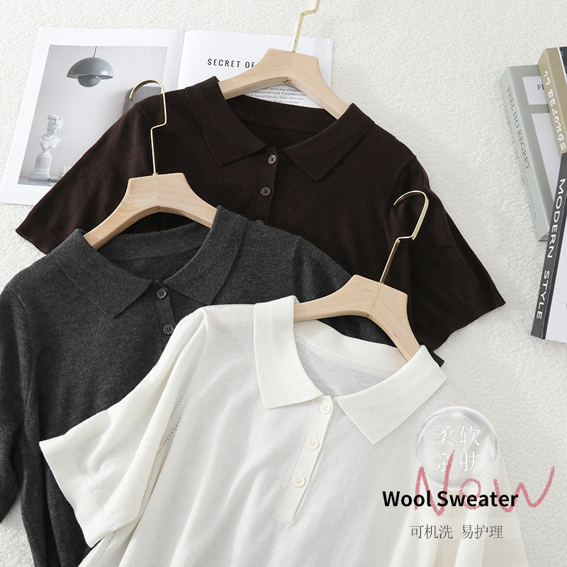 High-end ultra-fine wool short-sleeve T-shirt for women, POLO collar knit top, new early autumn pullover for commuting
