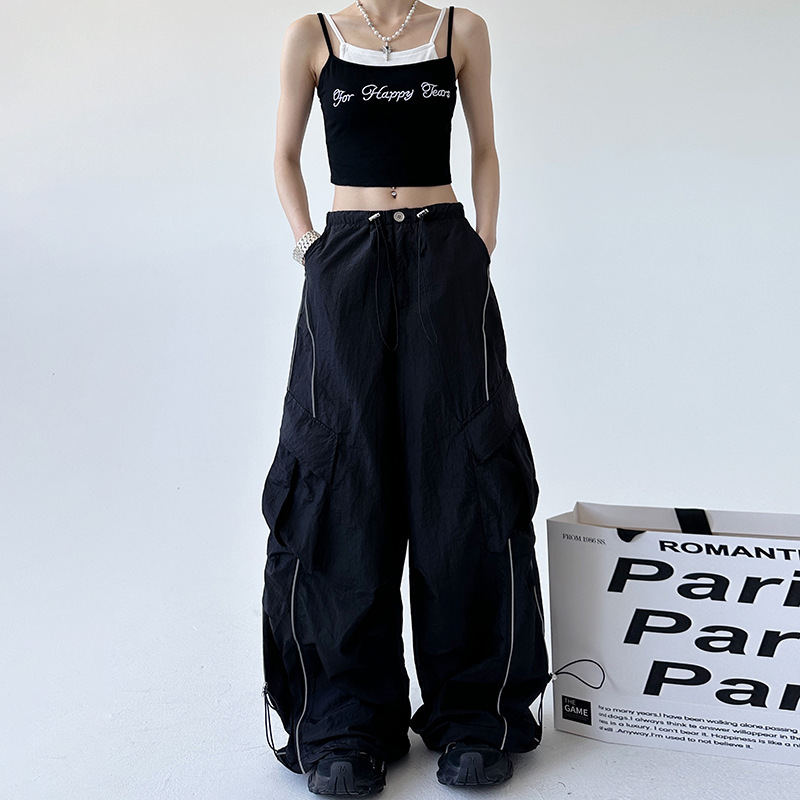 2024 new elastic high waist design niche black overalls women's loose casual fashion drawstring wide leg pants