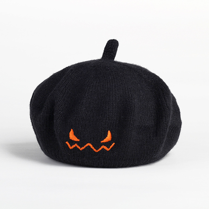越境ハロウィンかぼちゃ帽子悪魔笑顔刺繍ニット子供秋冬モデル赤ちゃんベレー帽子|undefined