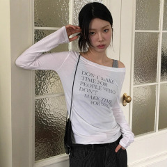 美式街头字母印花单肩收腰长袖T恤纯欲辣妹少女感百搭休闲上衣