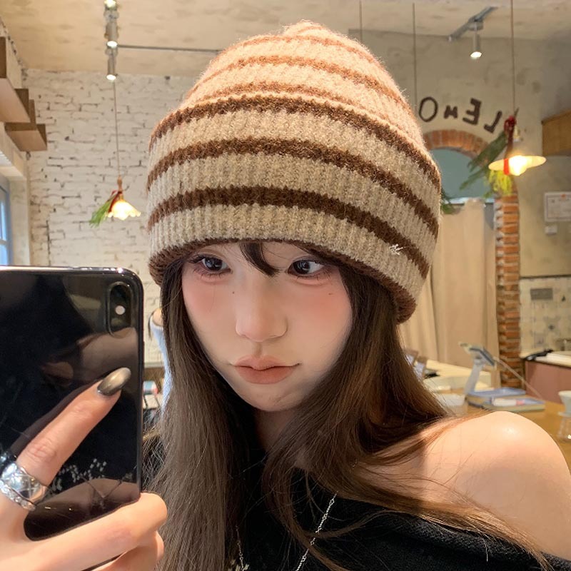 复古撞色条纹针织毛线帽子女冬季加厚保暖护耳时尚街头大头围冷帽|undefined
