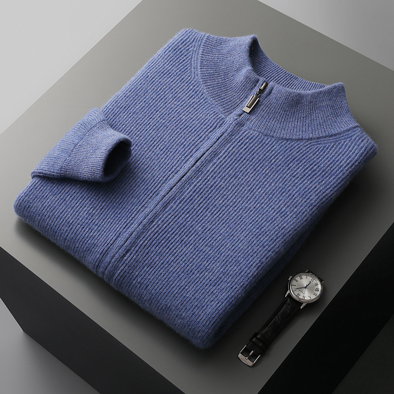 Autumn and Winter New 100 Full Wool Sweater Cardigan Men's Stand Collar Zipper Warm Jacket Sweater Business Knitted Top