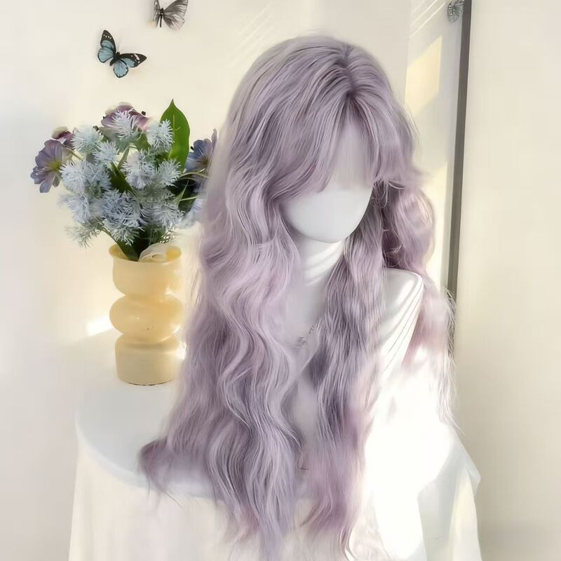 Wig for Women with Bangs, Long Curly Hair, Gray Purple Water Ripple Lolita, Same Style Artificial Hair, Natural Full Headgear