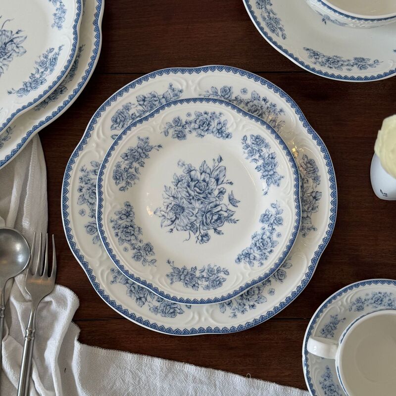 French Blue Retro Floral Ceramic Tableware Set Ceramic Plate Dinner Plate Steak Plate Ceramic Bowl Cup Saucer Oval Plate