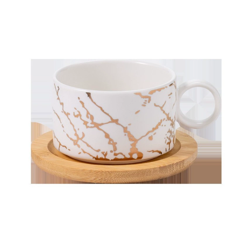 Ceramic coffee white set, marble design tea cup, golden spoon, 180 ml