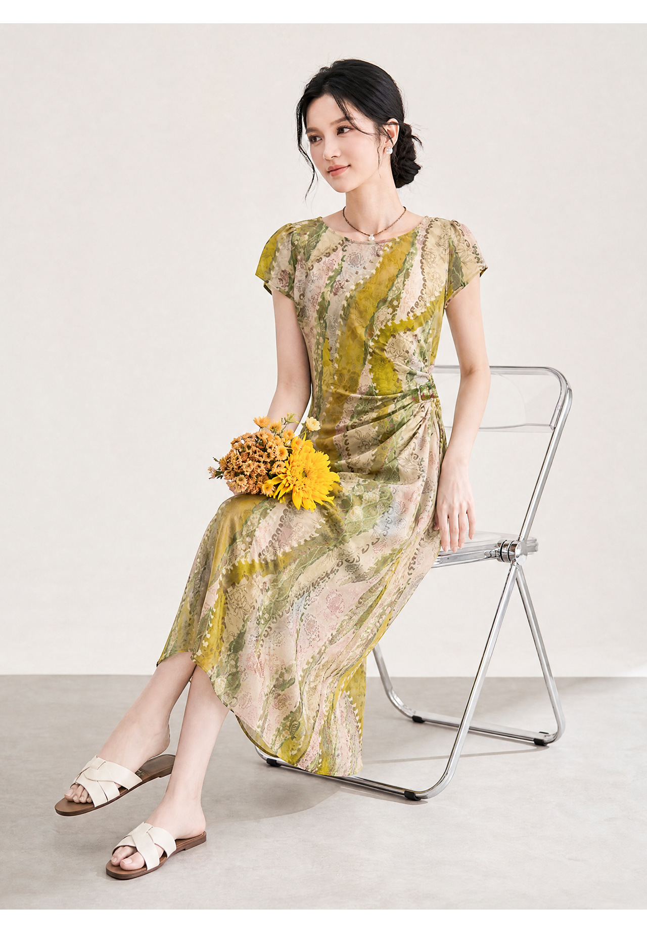 Đầm maxi nữ họa tiết bohemian tay ngắn thắt eo chất liệu voan — màu hồng chi tiết 19