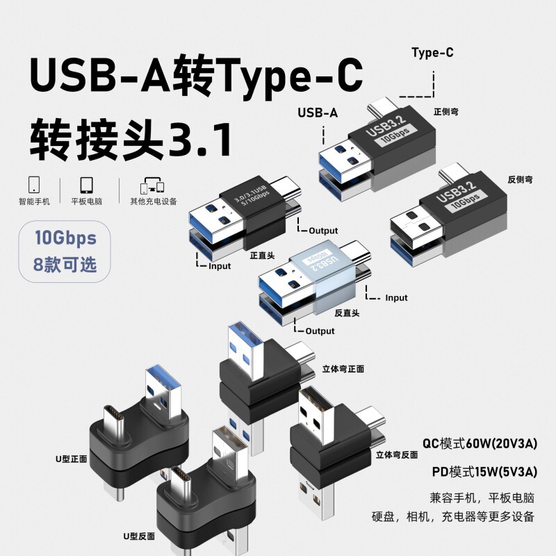 USB Male to Type-C Male Otg Adapter 10Gbps Transmission 90-Degree Elbow Usb3.1 Converter U-Shaped