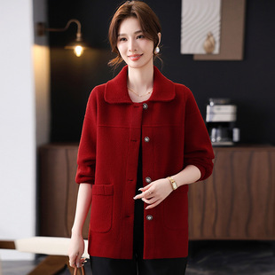 40-year-old 50-year-old mother spring woolen coat new red coat for middle-aged and elderly women's spring and autumn lapel loose top