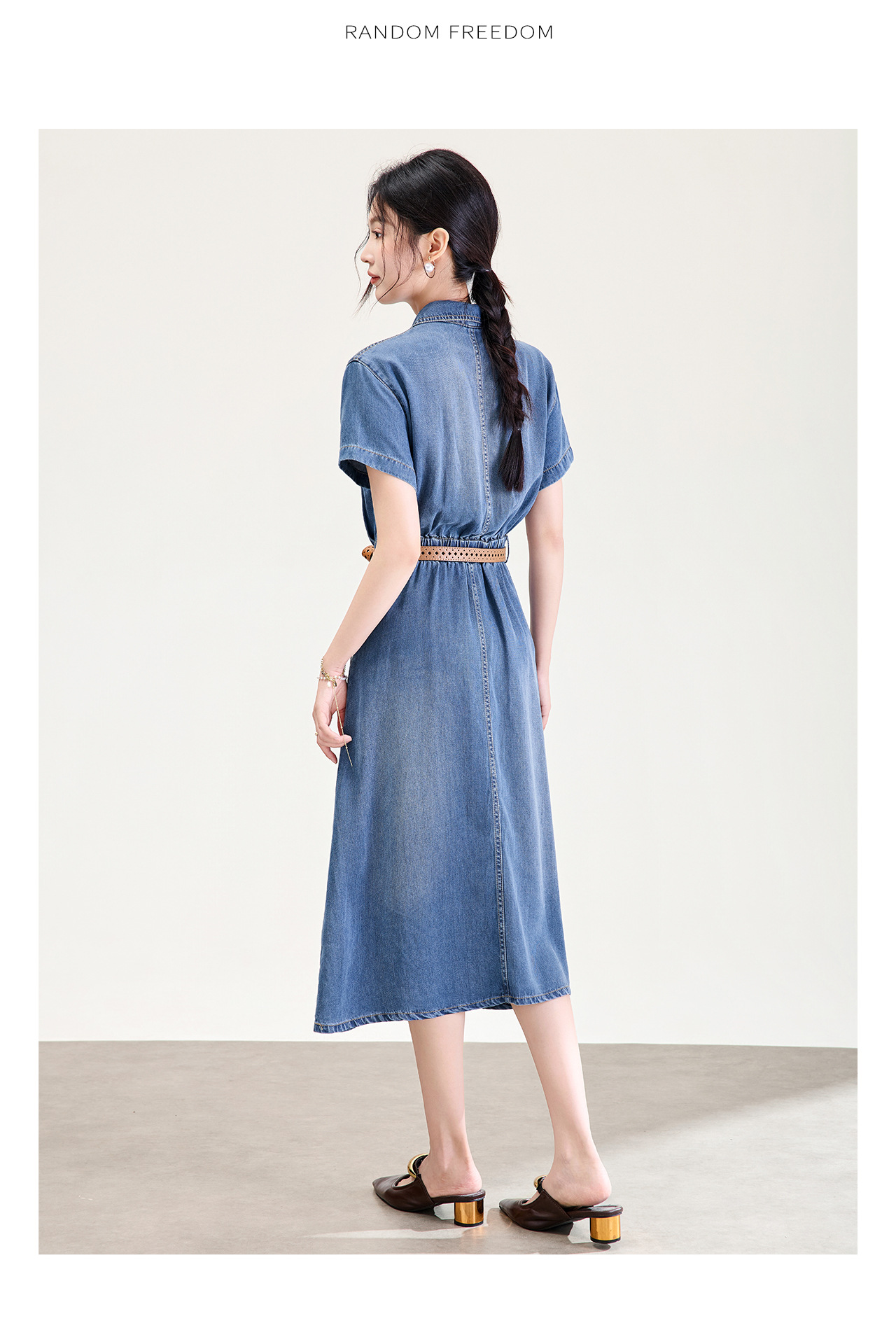 Váy denim nữ cạp cao dáng chữ A tay ngắn mùa hè — Cao bồi xanh chi tiết 15