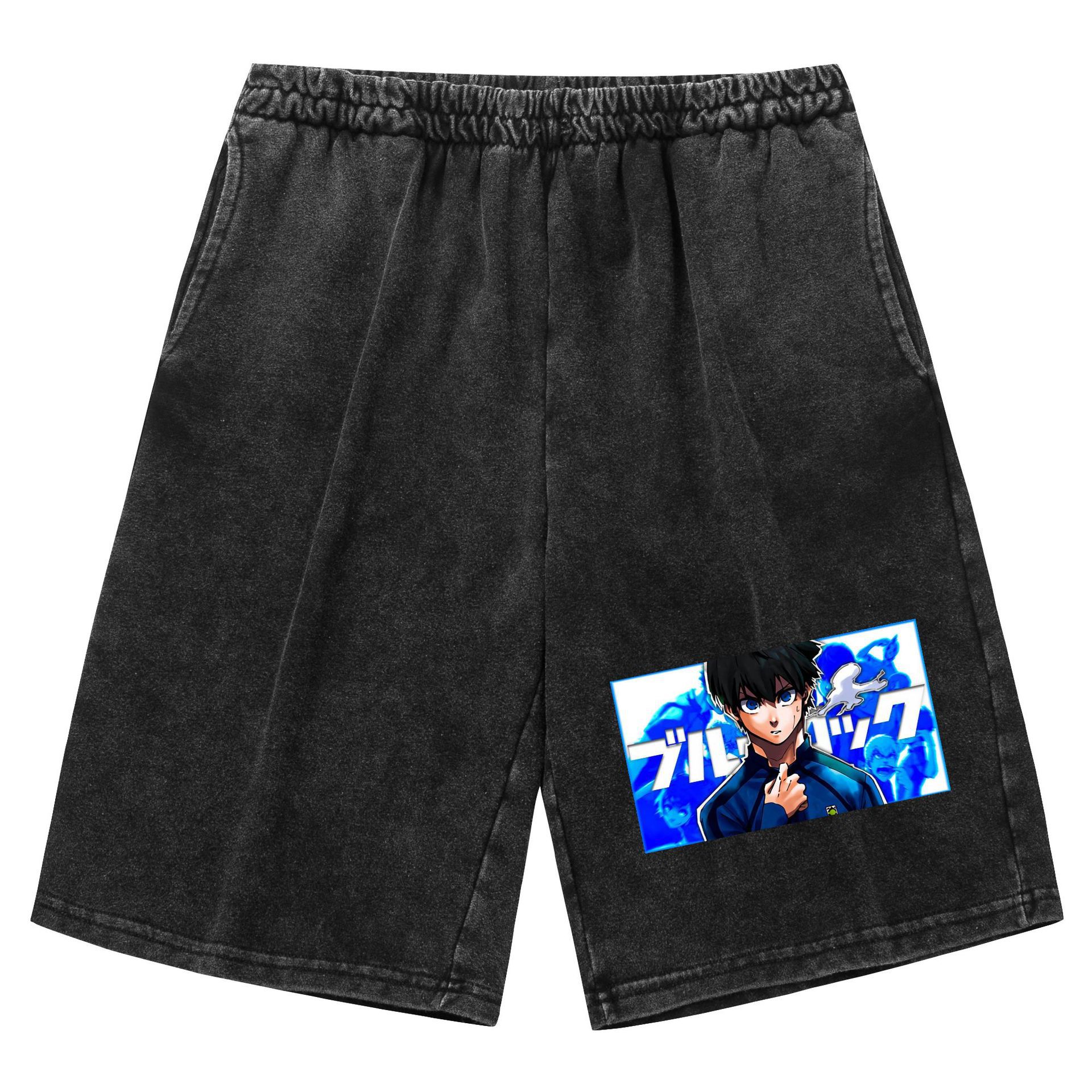 Pantalones cortos retro viejos lavados transfronterizos BLUE LOCK azul prisión estampado deportes de ocio