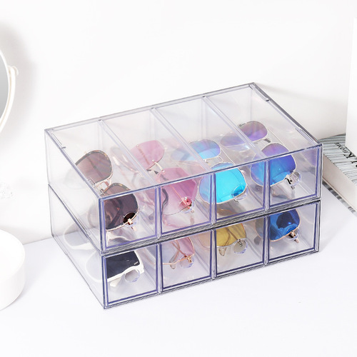 Glasses case can be stacked with four layers, desktop glasses and sunglasses display box, storage rack, dust-proof stationery drawer-type storage box