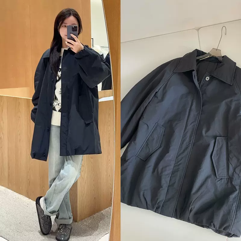 日系休闲宽松百搭极简风衬衫领夹棉保暖女装中长款棉服大衣外套上