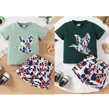 欧美外贸2025春季新款婴幼童装 可爱动物贴布绣迷彩短袖套装