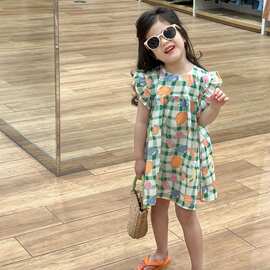 女童连衣裙2024夏装童装裙子小清新水果绿方格飞袖连衣裙公主裙