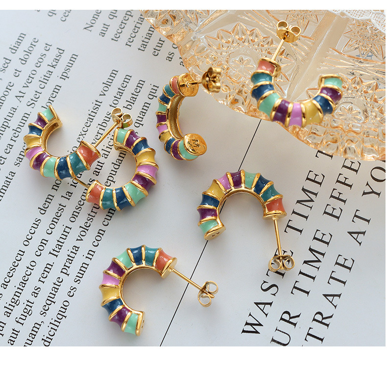 Retro Simple Fashion C- Shaped Bamboo Colorful Contrast Color Ear Studs Titanium Steel