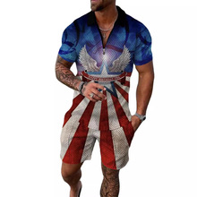 欧美跨境男士外贸独立日美国国旗男士拉链Polo休闲时尚短袖2件套