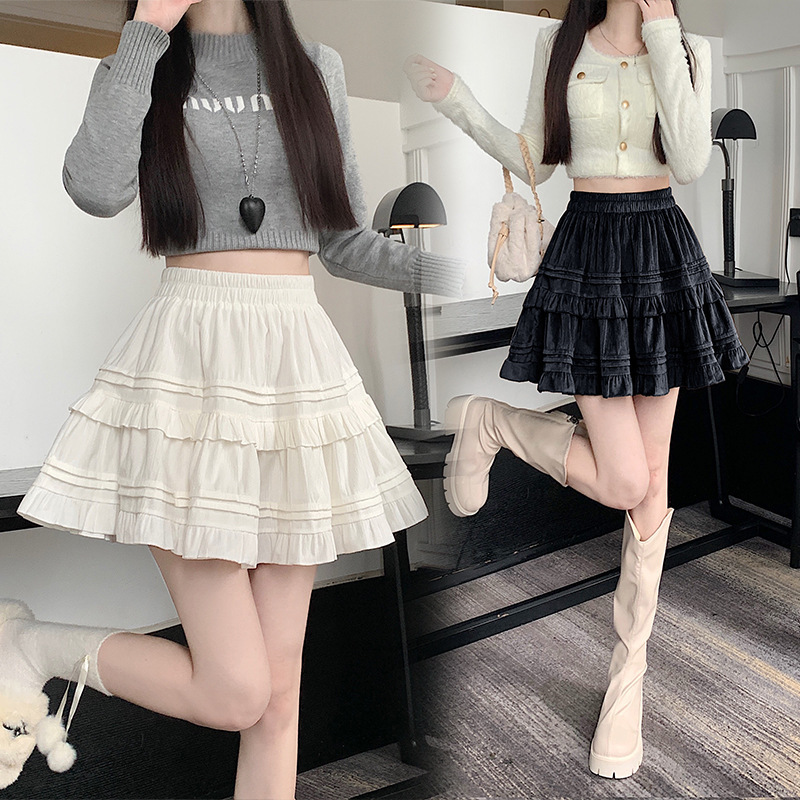 复古咖色灯芯绒半身裙女2025秋款a字蓬蓬裙遮胯显瘦多层蛋糕短裙|undefined
