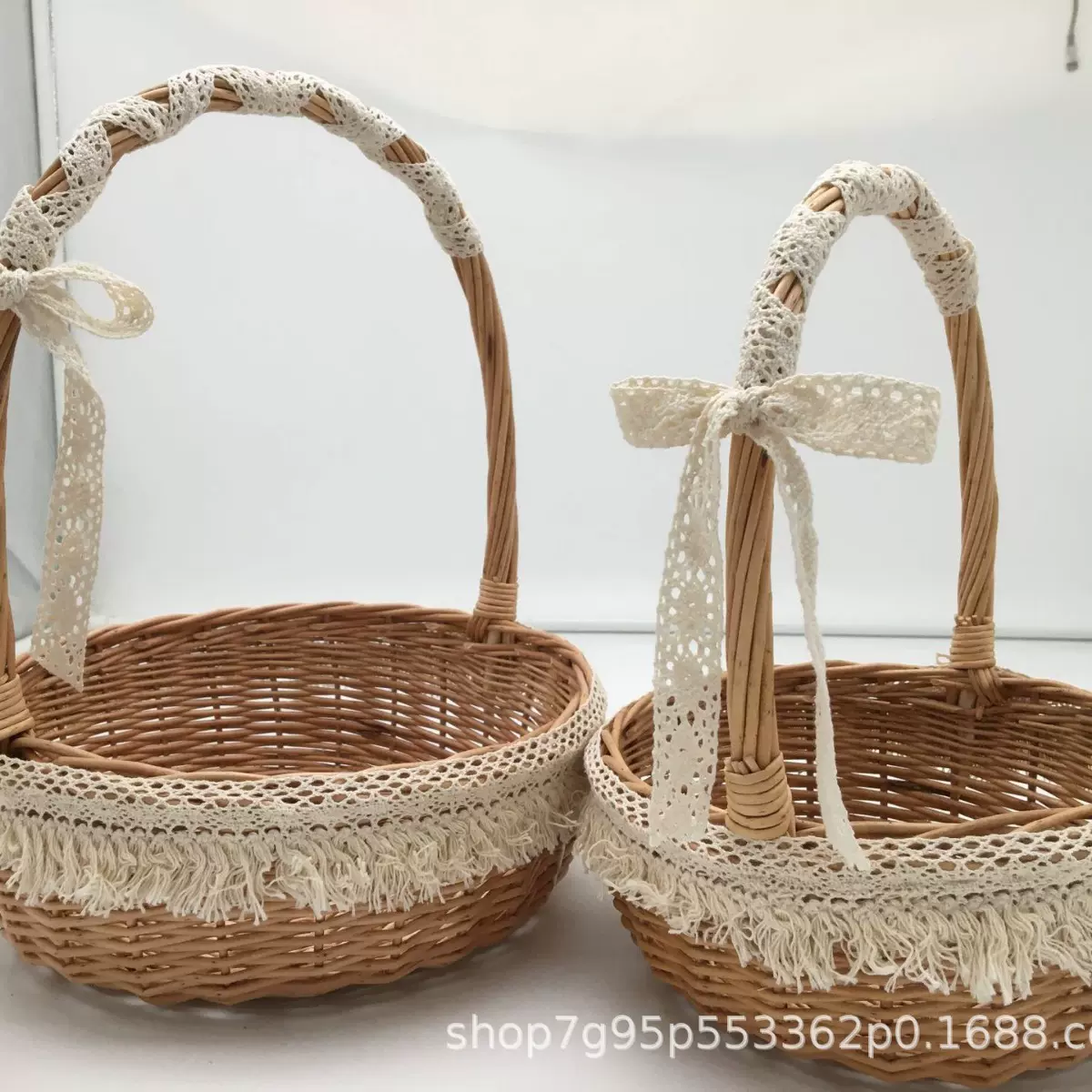 柳编手提小花篮花艺插画拍照花童道具装饰收纳两用蕾丝花篮田园风
