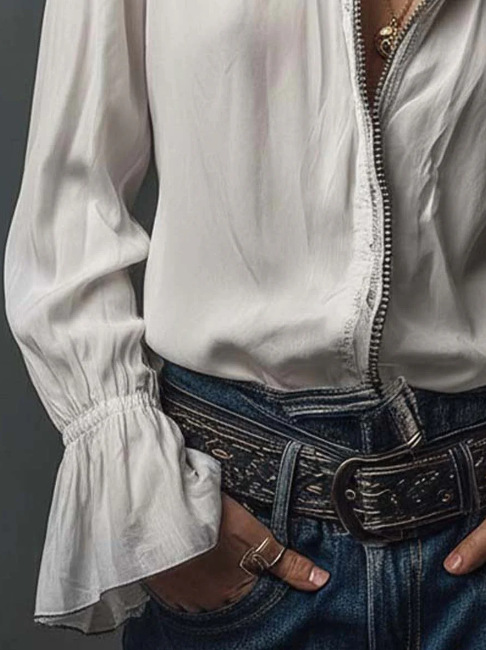 Women's Casual Fashion Long Sleeve Zip up Top round Neck Solid Color Loose Fitting Shirt Style Versatile Blouse for Spring/Autumn_ecoleips.com