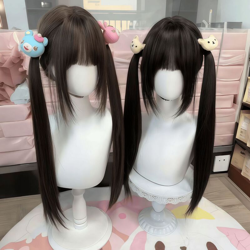 Double Ponytail Wig for Women, 70cm Long Black Straight Hair with Bangs and Sideburns, Lolita Full Head Wig Double Ponytail Wig for Women, 70cm Long Black Straight Hair with Bangs and Sideburns, Lolita Full Head Wig