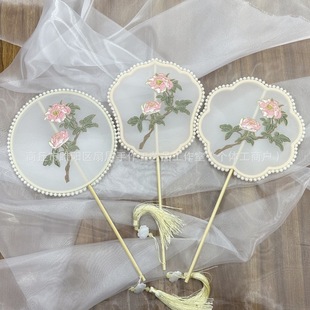 Ancient style hanfu round fan Palace fan embroidery fan women's palm fan phoenix crown embroidery catwalk dance fan long handle children