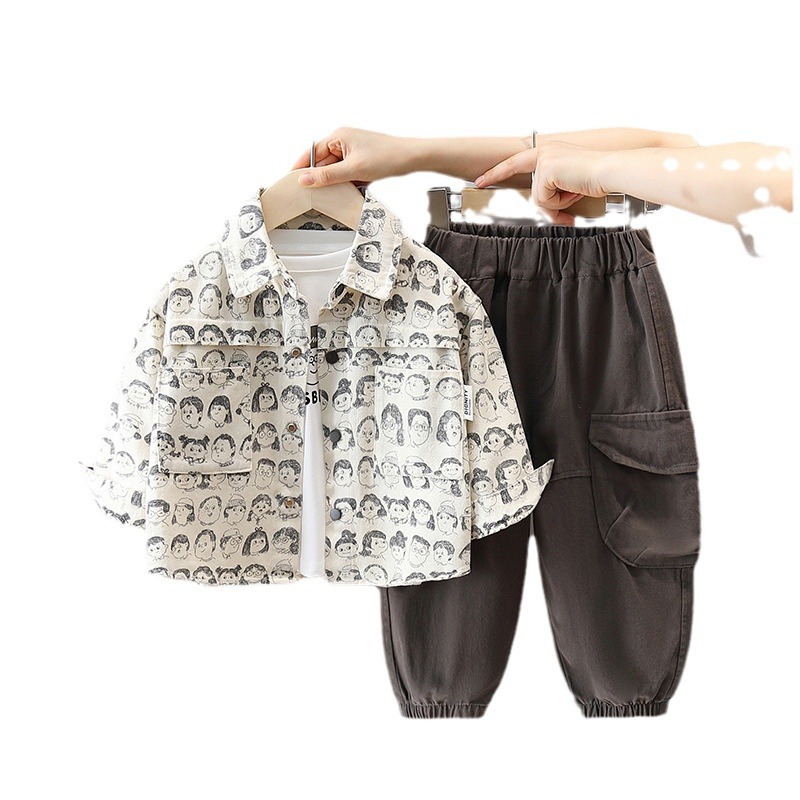 6233 conjunto de niños primavera y otoño 2025 nuevo chaqueta de camisa de aire extranjero para niños ropa de otoño roja de tres piezas