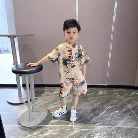 哪吒衣服2025新款夏季儿童套装男童汉服夏装中式衬衫短裤两件套