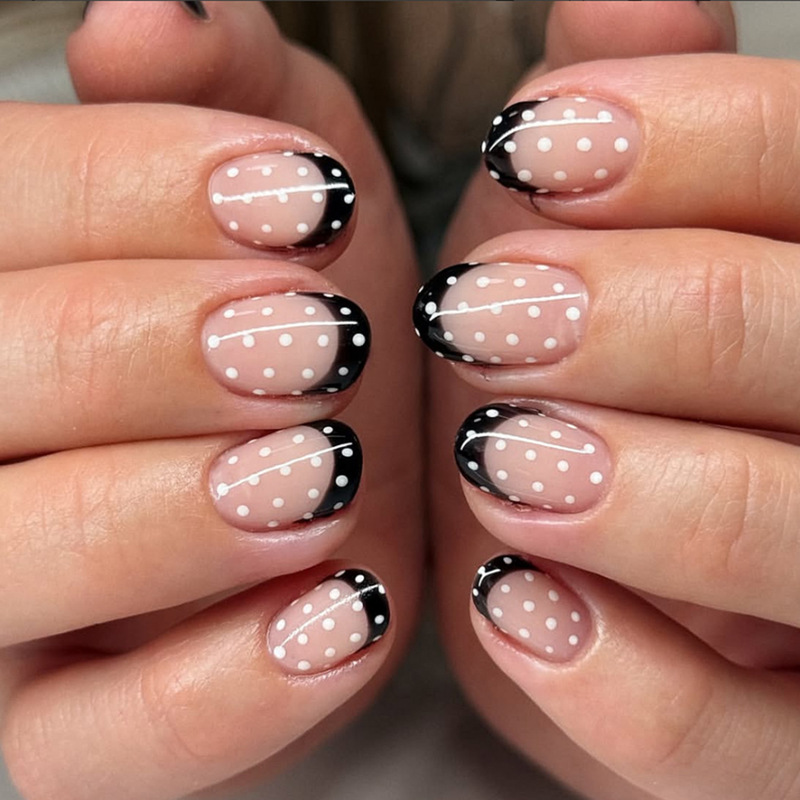 Black Minimalist French-Style Press-On Nails with White Polka Dots, Cross-Border Best-Selling Nail Art, Short Square Nail Tips Black Minimalist French-Style Press-On Nails with White Polka Dots, Cross-Border Best-Selling Nail Art, Short Square Nail Tips