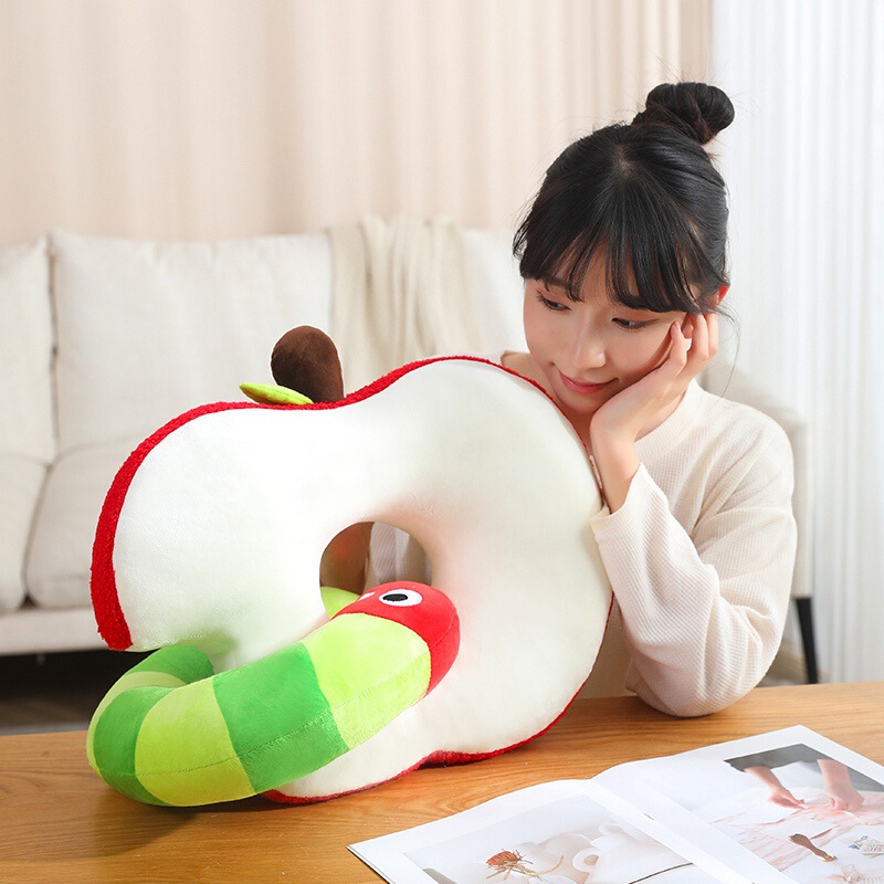 Creative Apple and Worm Plush Toy Pillow Neck Pillow Cushion Office Nap Rest Gift for Travel