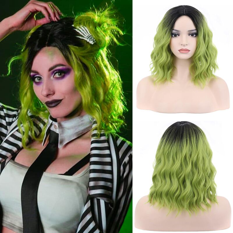 Wig Women's Black Green Gradient Water Ripple Shoulder Curly Hair Mid-split Explosive Top Dye Halloween cos Wig Foreign Trade Explosions