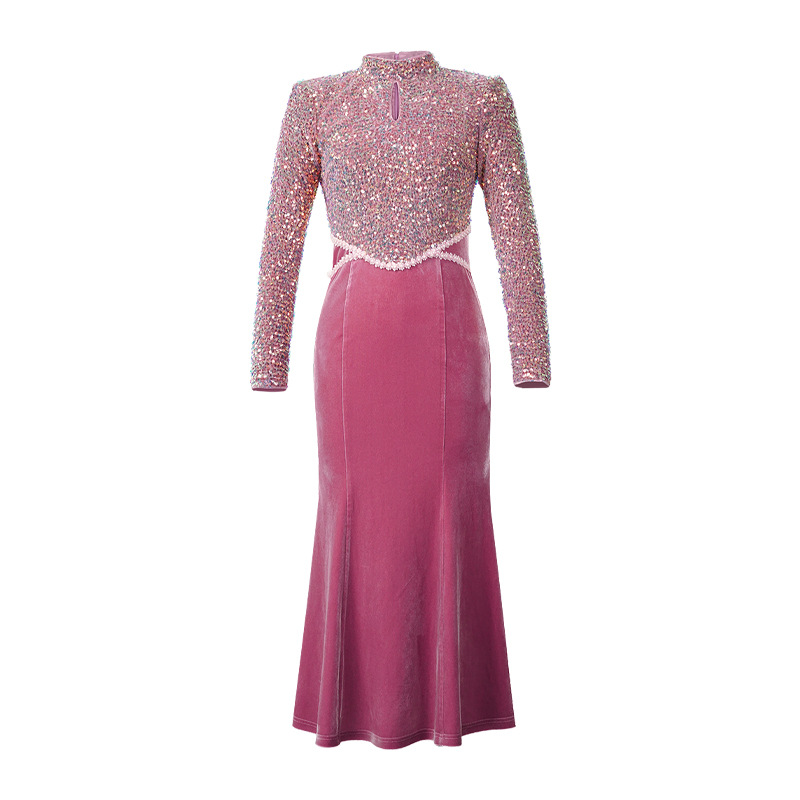 Đầm dài đuôi cá cổ tròn tay ngắn sequin nhung dự tiệc — màu hồng