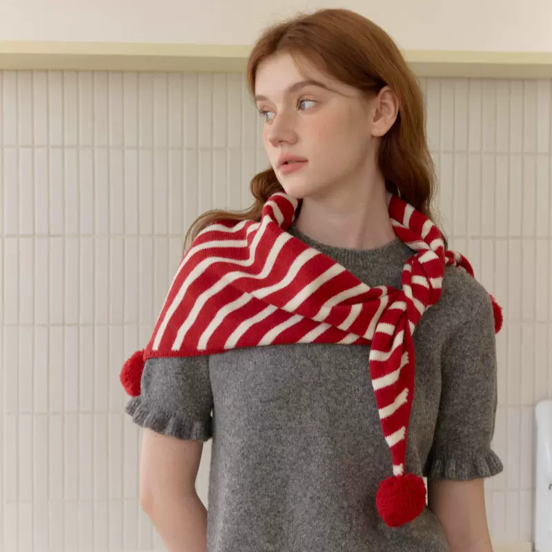韩版可爱条纹球球三角围巾女2025新款百搭针织保暖披肩围脖