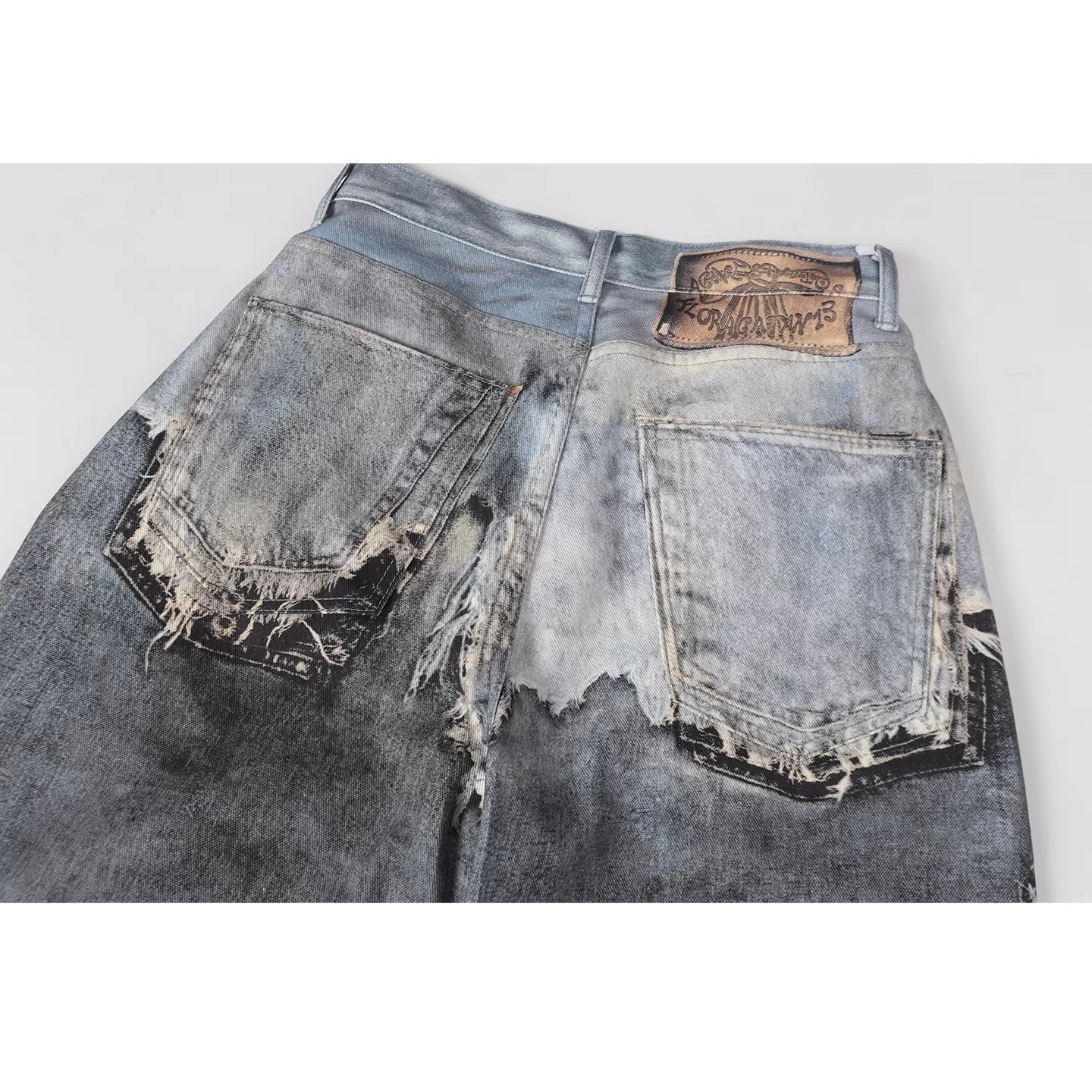 Vintage Distressed Patchwork Denim Pants – Oversized Wide-Leg Streetwear Jeans With 3d Print & Ripped Details (Unisex, Black, S-3xl)_mkmklike.com