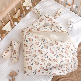 Spring and Autumn Style Infant Quilt with Cotton Padding, Anti-Kick Printed Baby Blanket for Delivery Room, Large Ear Wrap for Infants, Anti-Kick