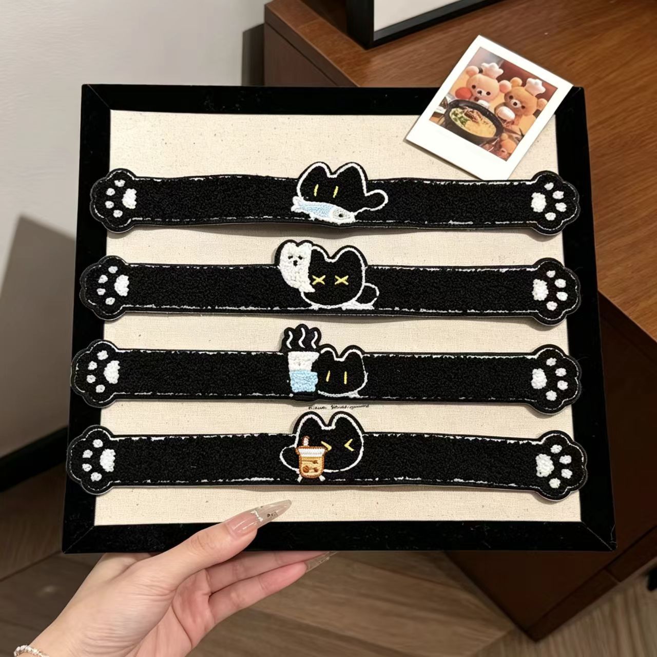 Cute black cat magic bangs stickers, plush embroidered long strip hair accessories, wholesale from the hair accessory factory for girls