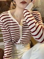 条纹针织衫女长袖开衫上衣小香风小个子2025秋季新款韩风chic外套