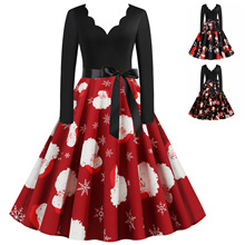 z跨境外贸工厂圣诞赫本复古女冬季烧花V领黑拼麋鹿印花大摆连衣裙