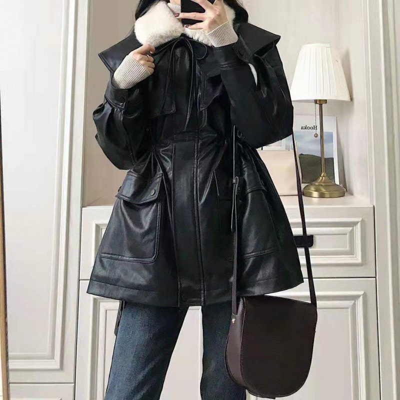 Spring and Autumn other Leather Jacket Women's imitation motorcycle clothing loose high-grade fleece-lined thickened waist-tight parka acrylic clothing