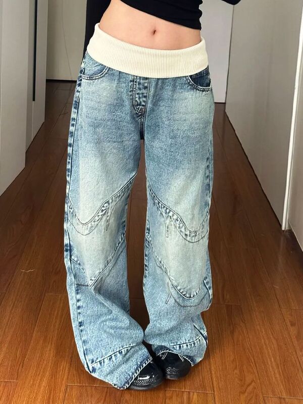 American Retro Large Size Design Ribbed Waistband Jeans for Women, Heavy-Duty Distressed Washed Floor-Length Pants