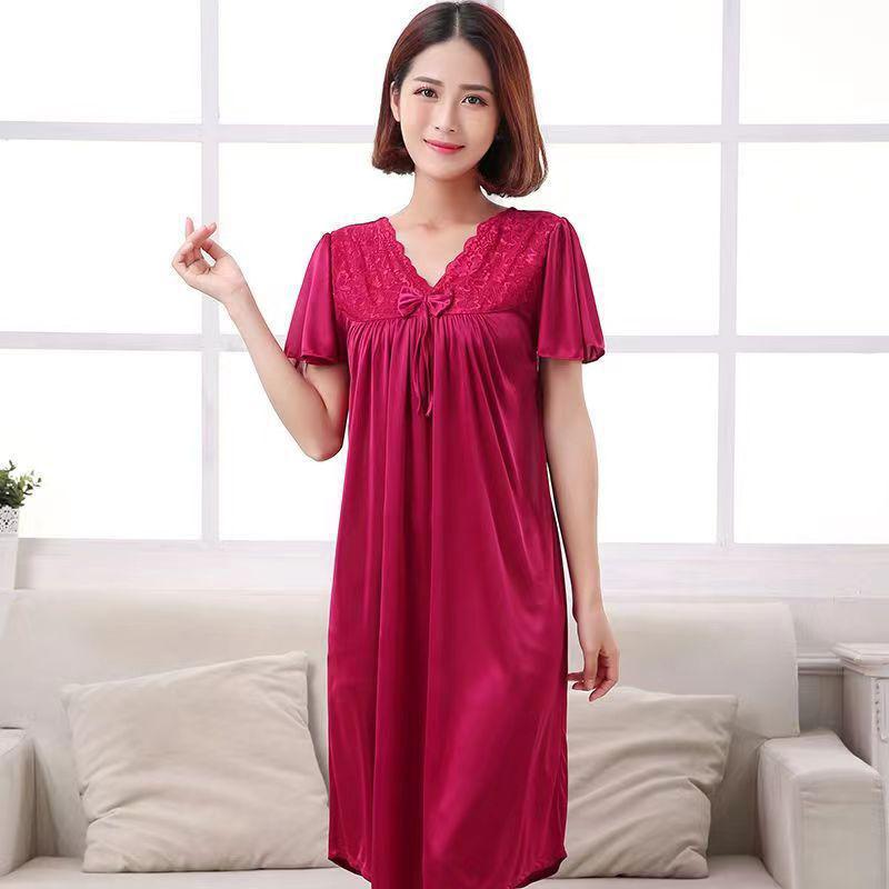冰丝睡衣女带胸垫春夏季宽松大码中长款性感蕾丝花边大码睡裙薄款